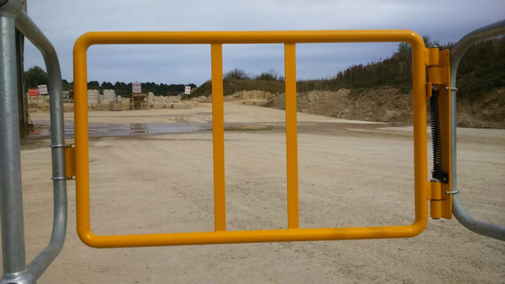 Self closing gate, powder coated yellow, Agricultural, Quarry, Suckley Engineering