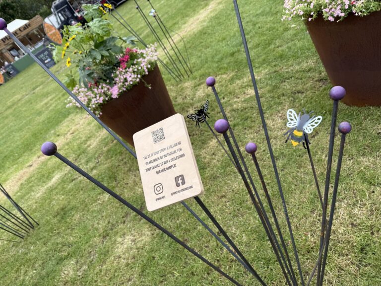 Steel garden stakes topped with balls and laser cut bees made by Winthill Engineering as part of the RHS Malvern display