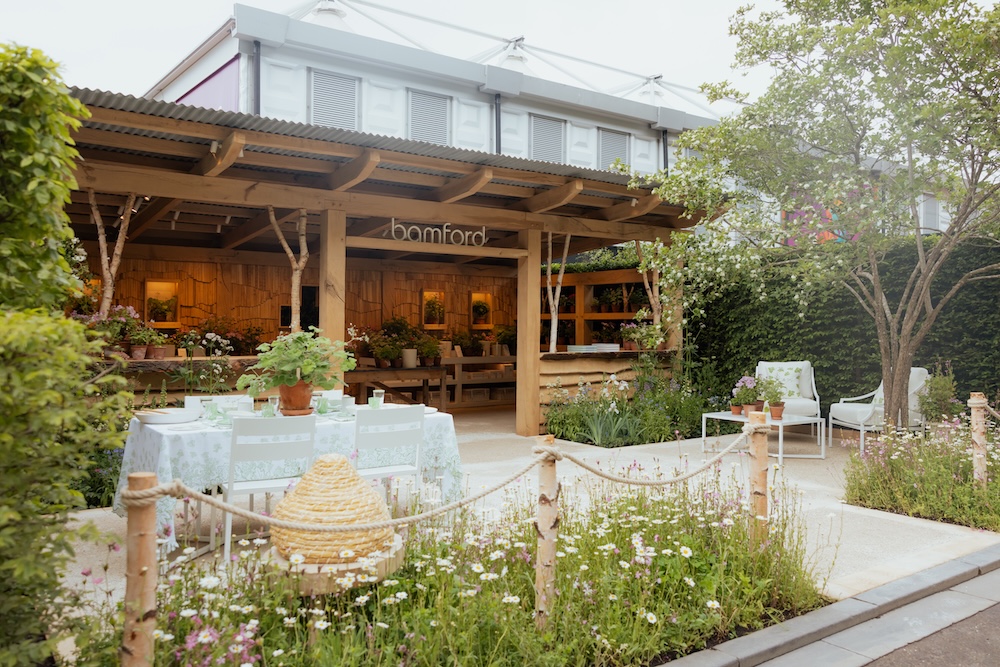 Bamford trade stand RHS Chelsea Flower Show featuring custom metal signage by Winthill